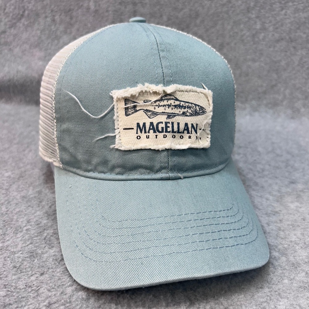 Magellan Outdoors Trout Patch Unisex Blue Trucker Hat Distressed Snapback OSFM